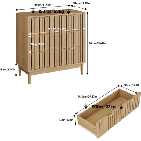 Commode style campagnard en bois avec trois tiroirs. Meuble de rangement polyvalent pour coiffeuse,salon,chambre et couloir,couleur chêne.