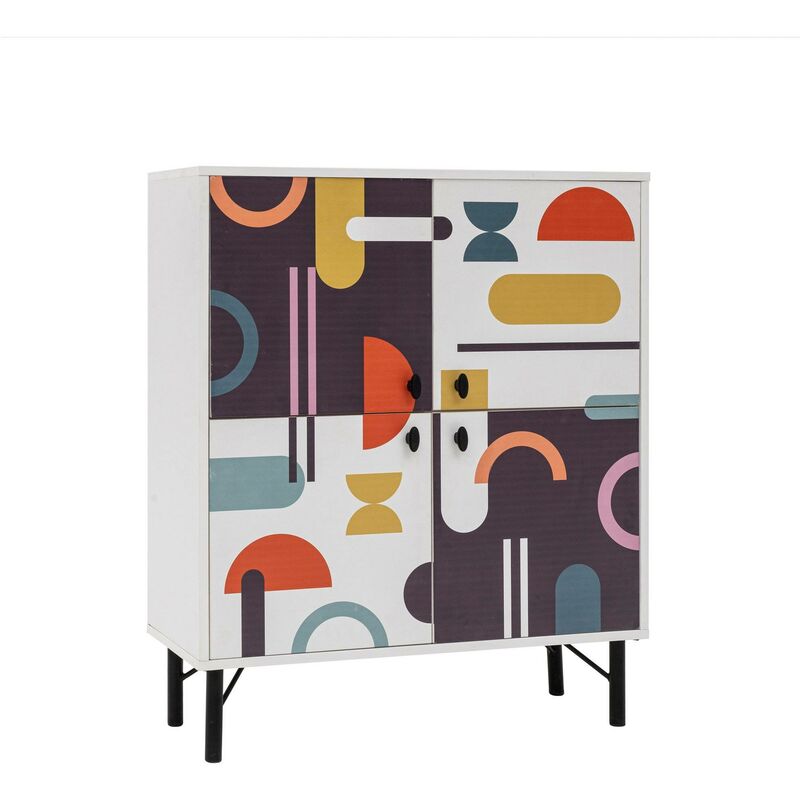 cotecosy - buffet style contemporain stilly l95cm blanc motif géométrique abstrait - multicolore