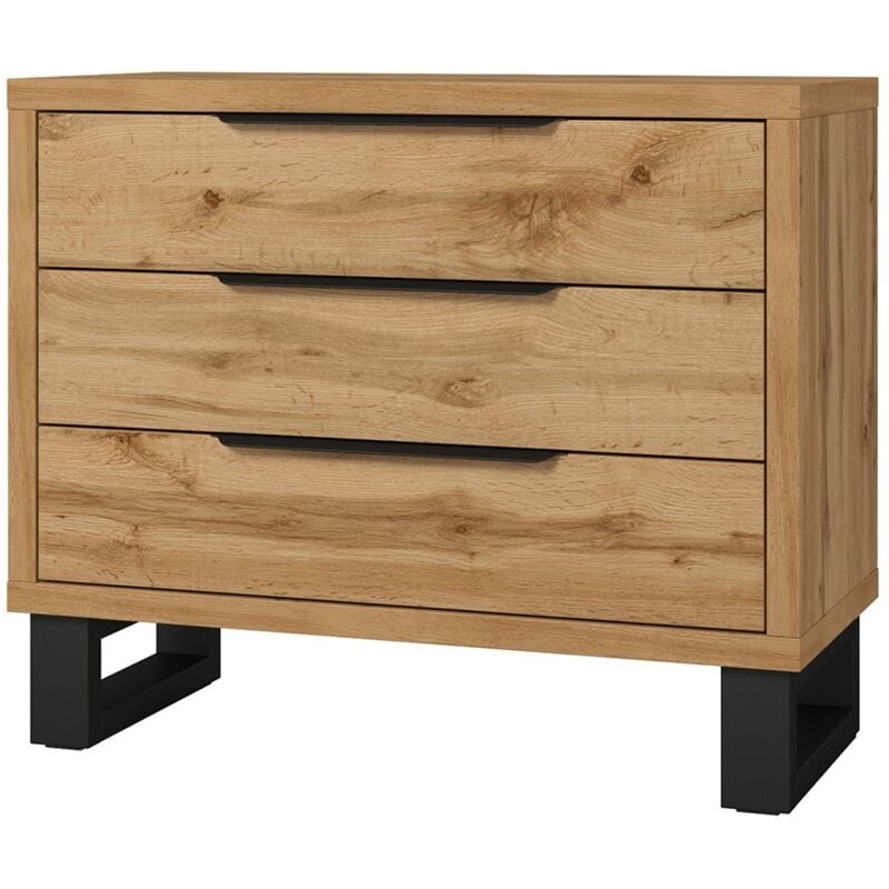 Commode style industriel 3 tiroirs. Collection milos coloris chêne brut et noir