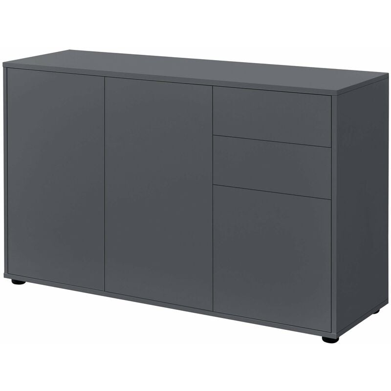 Commode stylée meuble de rangement pratique avec 2 tiroirs 3 portes panneau de particules 74 x 117 x 36 cm gris foncé mat