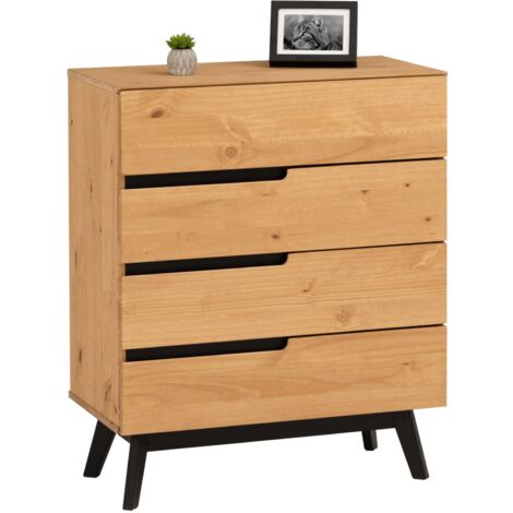 Commode TIBOR style scandinave design vintage nordique avec 4 tiroirs, en pin massif finition bois naturel teinté - Finition cirée/coloris antique