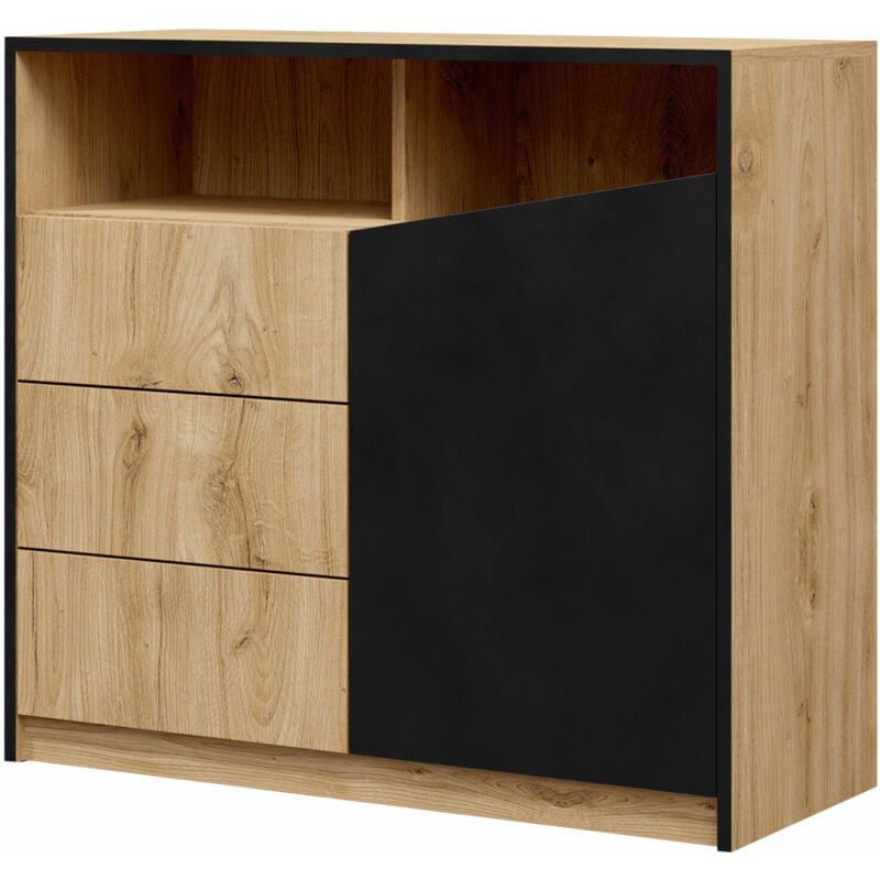 Commode Tenreme 104, Chêne + Noir, Avec tiroirs et portes, Nombre de tiroirs: 0, 91x100x41cm
