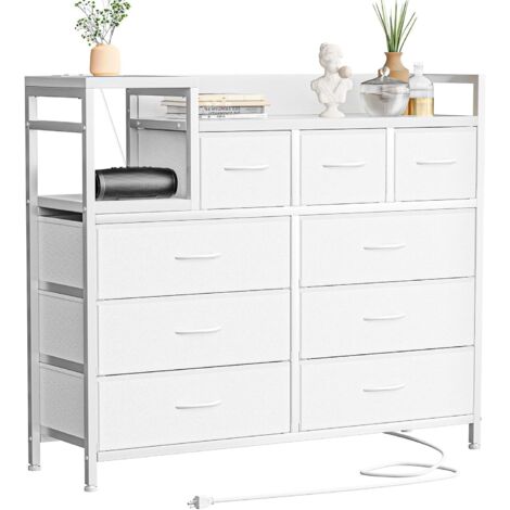 Commode TV 9 Tiroirs en Tissue avec Station De Charge Intégrée, Commode Chambre avec Étagères, Structure en Métal Et Bois, Commode Multifonctionnelle pour Salon, Chambre, Couloir Blanc