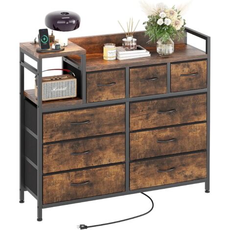 Commode TV 9 Tiroirs en Tissue avec Station De Charge Intégrée, Commode Chambre avec Étagères, Structure en Métal Et Bois, Commode Multifonctionnelle pour Salon, Chambre, Couloir Brun