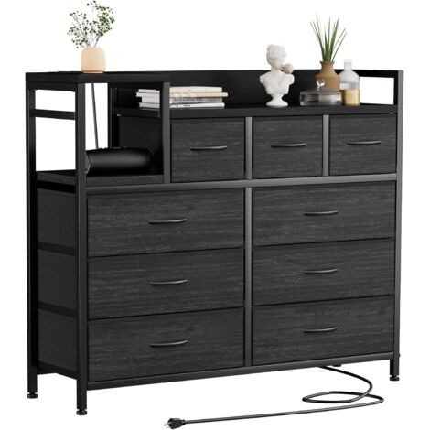 Commode TV 9 Tiroirs en Tissue avec Station De Charge Intégrée, Commode Chambre avec Étagères, Structure en Métal Et Bois, Commode Multifonctionnelle pour Salon, Chambre, Couloir Noir