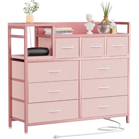 Commode TV 9 Tiroirs en Tissue avec Station De Charge Intégrée, Commode Chambre avec Étagères, Structure en Métal Et Bois, Commode Multifonctionnelle pour Salon, Chambre, Couloir Rose