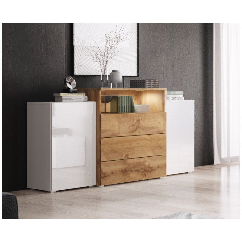 Commode 150 cm urban, commode à tiroirs, éclairage led inclus, couleur blanc brillant/wotan.