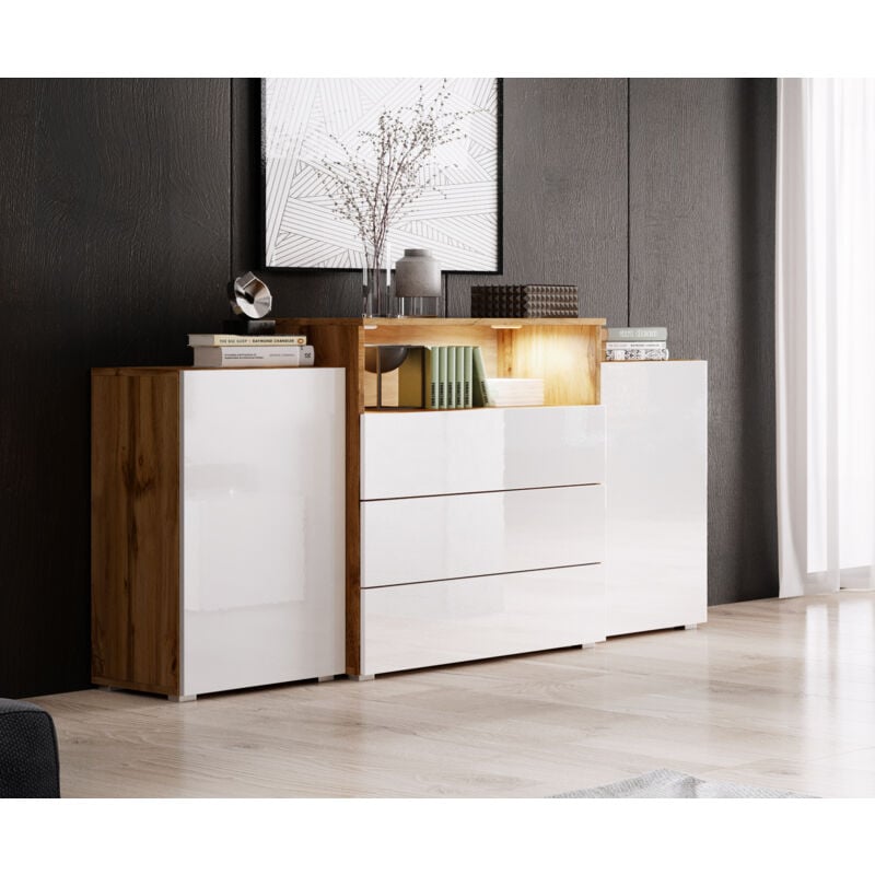 Commode 150 cm urban, commode à tiroirs, éclairage led inclus, couleur wotan/blanc brillant.