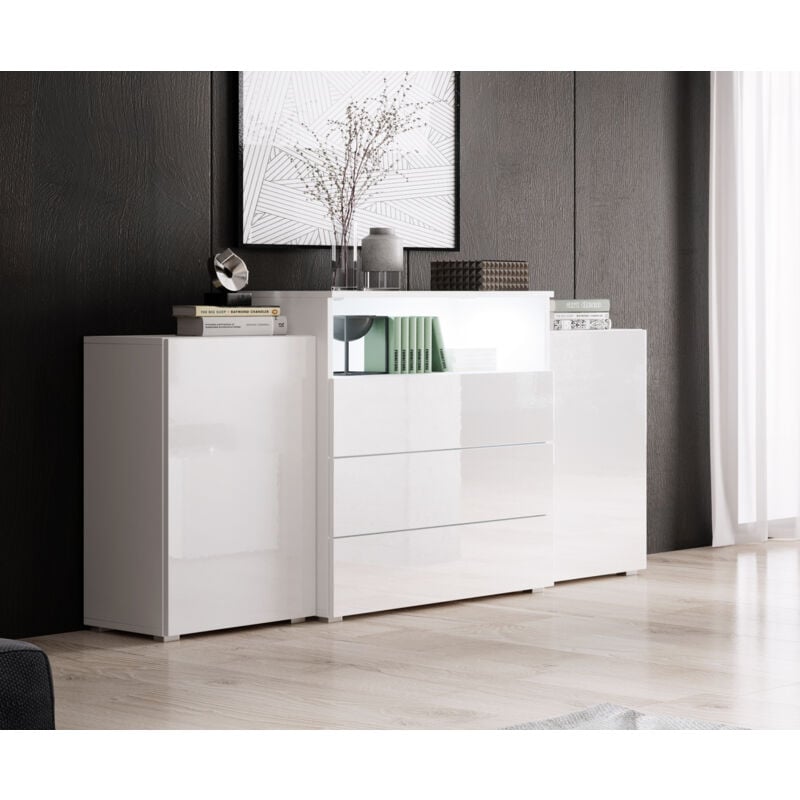 Commode 150 cm urban, commode à tiroirs, éclairage led inclus, couleur blanc/blanc brillant.