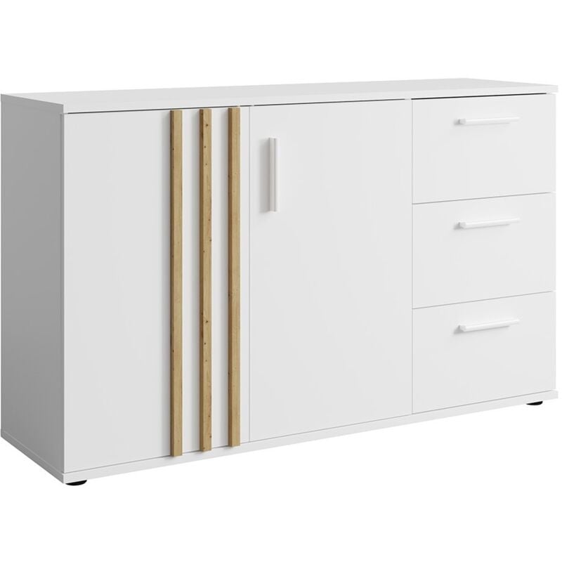 Commode varia - 2 portes et 3 tiroirs - Design moderne coloris blanc et chêne artisan