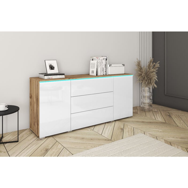 Commode vera 150 cm, commode, bahut, éclairage led inclus, couleur wotan/blanc brillant