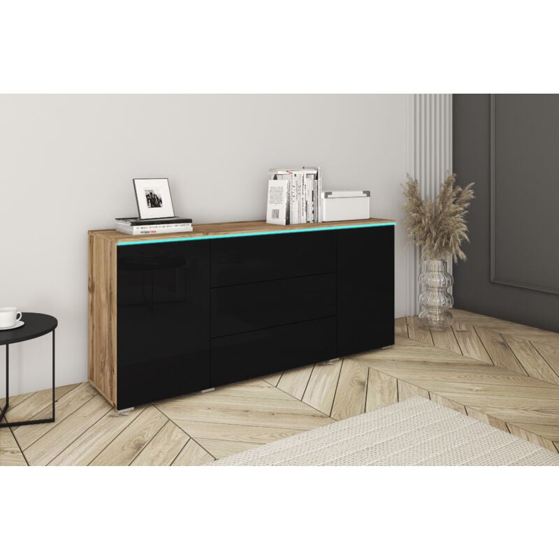 Commode vera 150 cm, commode, bahut, sans éclairage led, couleur wotan/noir brillant