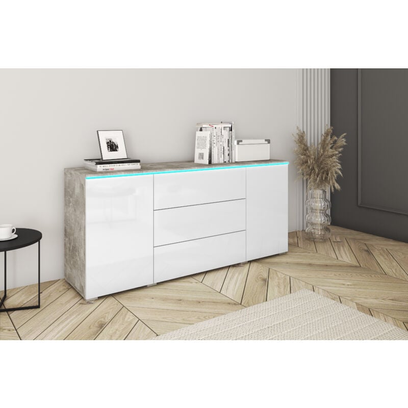 Commode vera 150 cm, commode, bahut, éclairage led inclus, couleur béton/blanc brillant