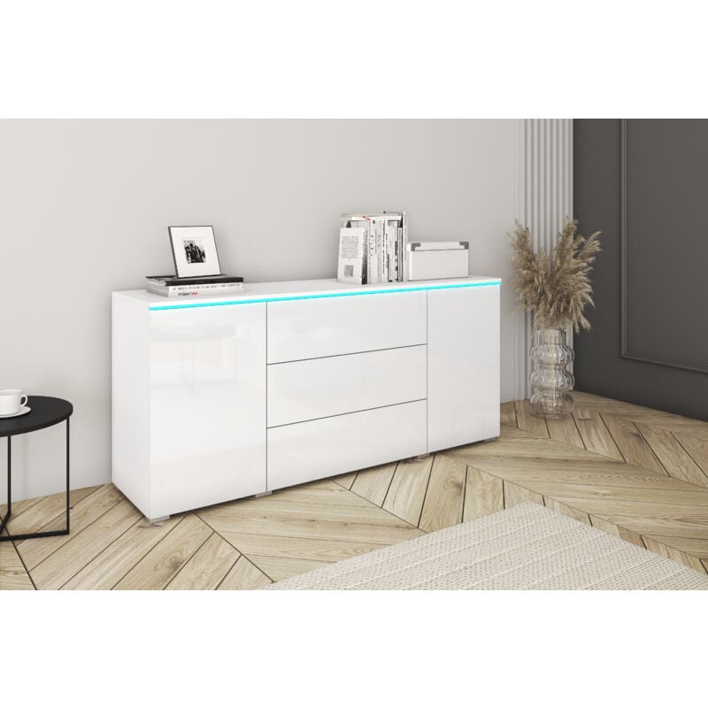 Commode vera 150 cm, commode, bahut, éclairage led inclus, couleur blanc/blanc brillant