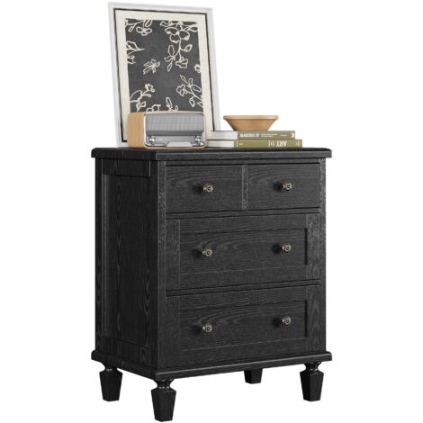 Commode Vintage 4 tiroirs en Bois Massif, Style mi-siècle, poignées sculptées, Pieds fuselés, Robuste pour Chambre, Finition élégante – Couleur : frêne Noir