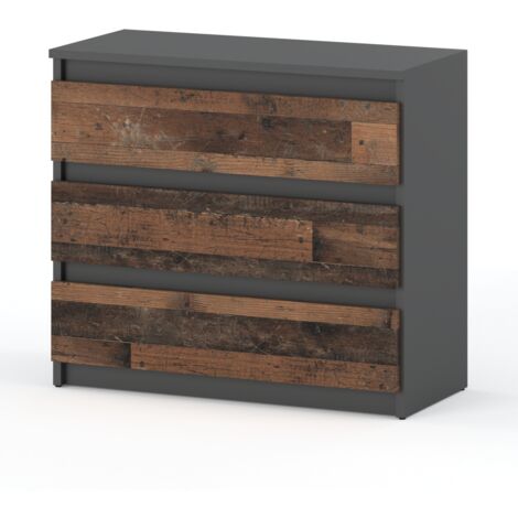 Commode vintage grise 80 cm – 3 tiroirs – Panneau laminé – Largeur 80 cm – Hauteur 71,5 cm – Profondeur 33,5 cm