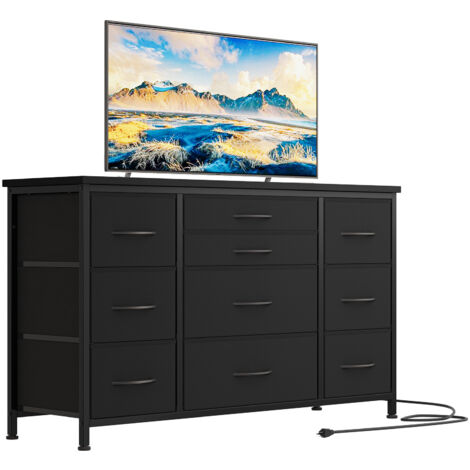 Commode,Meuble Chambre,10 Tiroirs en Tissu avec Poignées,Cadre en Métal,Dessus en Bois et Grand Espace de Rangement,Grain de Bois, 121x39x70 cm Noir