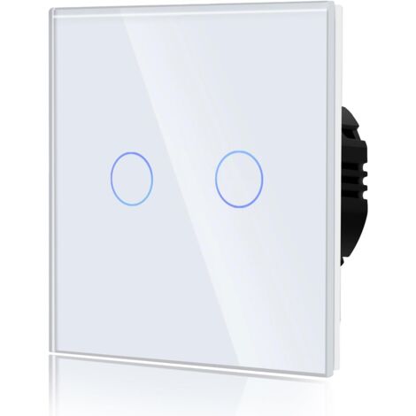 Common touch switch, wall switch compatible with LED lights, tempered crystal panel, glass touchscreen with backlit buttons, 86 mm, 2 digits, 1 channel, white