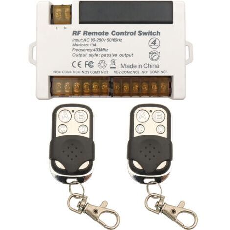 Commutateur à distance de Relais sans Fil à 4 Canaux 433MHz Télécommande RF AC 230 220V 10A Récepteur de Relais avec porte-clés à 2 Émetteurs, Grand Terminal Câblage Facile