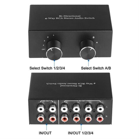 Commutateur audio stéréo RCA bidirectionnel à 4 voies, sélecteur de canaux audio gauche/droite, 2 entrées/4 sorties ou 4 entrées/2 sorties