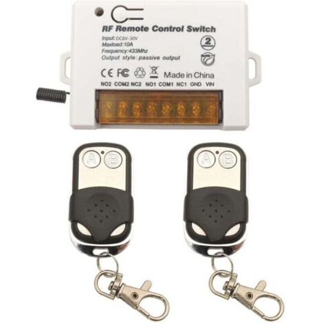 Commutateur de télécommande de relais sans fil 2 canaux 433Mhz RF DC 6V 12V 24V 30V 10A Récepteur de relais avec 2 Porte-clés émetteurs, Gros fil terminal câblage facile