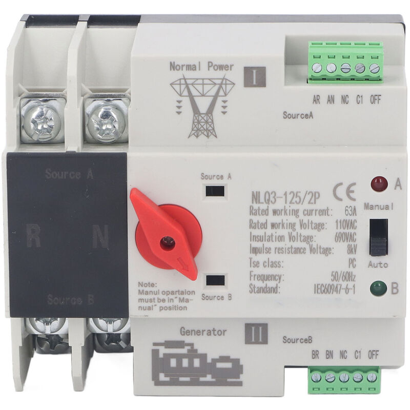 Commutateur de transfert automatique à double alimentation 2P Commutateur de transfert de générateur AC110V 50Hz 60Hz 63A