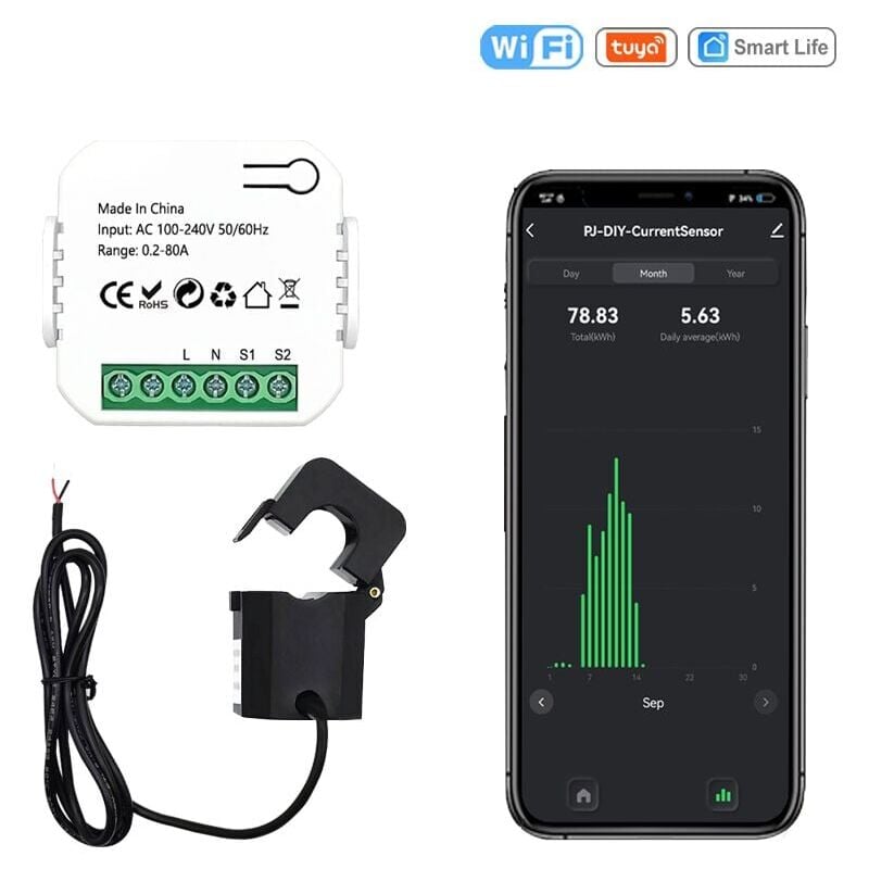 Commutateur D'energie Intelligent Mete Compteur D'energie Wifi Tuya Smart Life 80A Avec Pince De Transformateur De Courant Kw.. Debuns