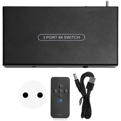 Commutateur HDMI 2.0 3 Entrées 1 Sortie 4K 60Hz avec Télécommande pour Console de Jeu PC, Alimentation 110‑240V Prise EU