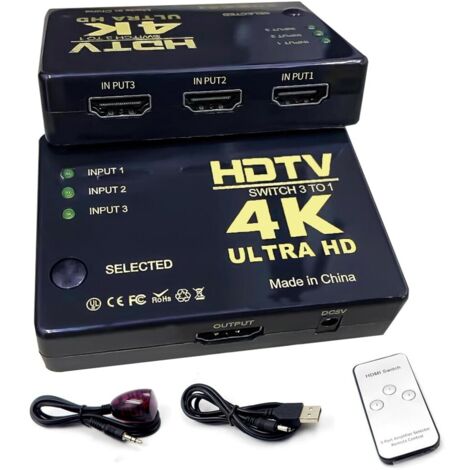Commutateur HDMI 4K 3x1 avec télécommande - Boîte de sélection 3 entrées 1 sortie