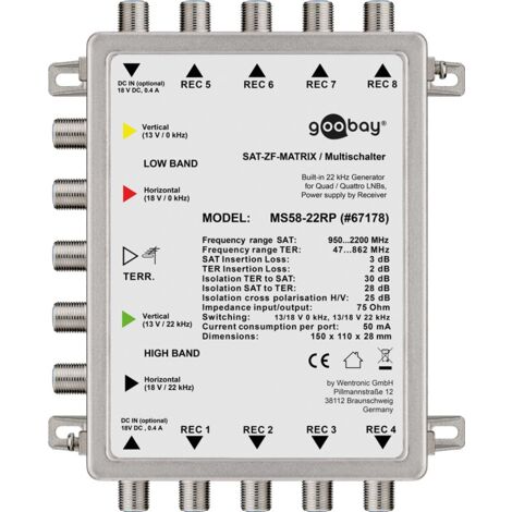 Commutateur Multiple SAT Passif 5 Entrées / 8 Sorties, répartiteur pour 8 abonnés max. d'un satellite.