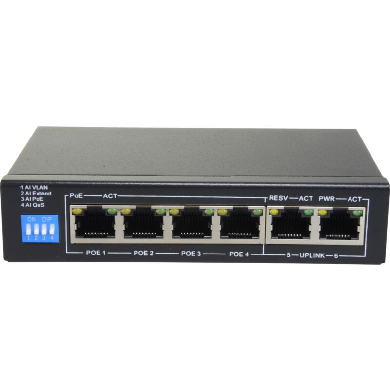 Switch PoE - 4 ports PoE + 2 Uplink RJ45 - Vitesse jusqu'à 100 Mbps sur tous les ports - Jusqu'à 60W au total pour tous les ports - Bande passante