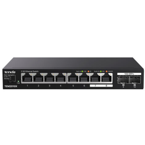 Commutatore di Rete Tenda TEM2010X 2,5 G Ethernet a 8 Porte con 2 Porte SFP+ 10 Gbit/s, VLAN, Aggregazione Statica, Non Gestito, Plug and Play, Montaggio su Scrivania o Muro, Design in Metallo, Nero