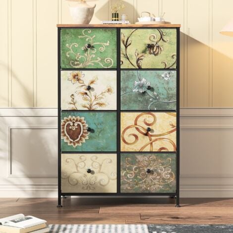 DANS LES NUAGES Comò 67 cm, con 8 cassetti, motivo vintage, struttura in metallo, ripiano in legno, stile bohémien, mobile da salotto in legno, multicolore