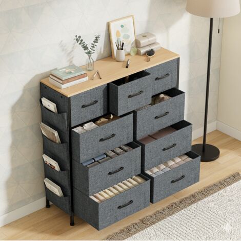 Comò a 9 cassetti in tessuto - 98,8x30x100 cm - con struttura in metallo, mobile contenitore con cassetti per camera da letto, stile industriale, grigio