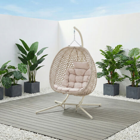 COMO GARDEN EGG CHAIR OUTDOOR INDOOR FOLDING RATTAN METAL HANGING SWINGING CHAIR (Beige)
