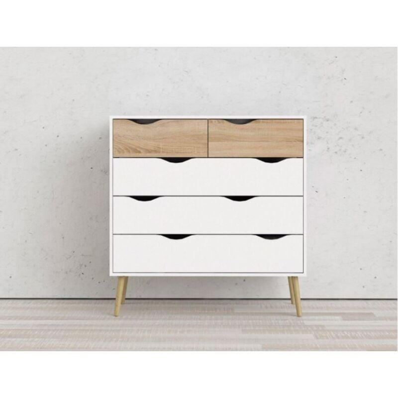 

Cómoda 101 cm Blanco mate y Roble con 5 cajones | roble y blanco