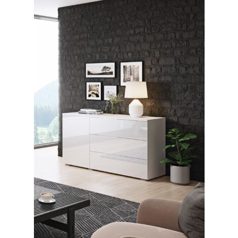 Cómoda 110 cm Paris, cajonera, cómoda de salón, Mueble Auxiliar de salón, Muebles de salón Modernos (Blanco/Blanco Brillo)