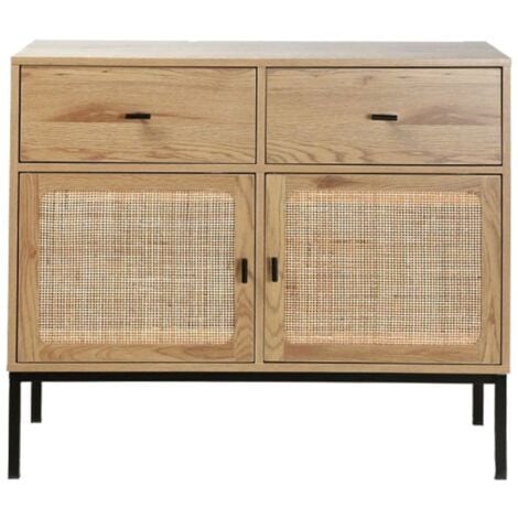 CALICOSY Cómoda 2 puertas 2 cajones con rejilla de ratán - 90 cm