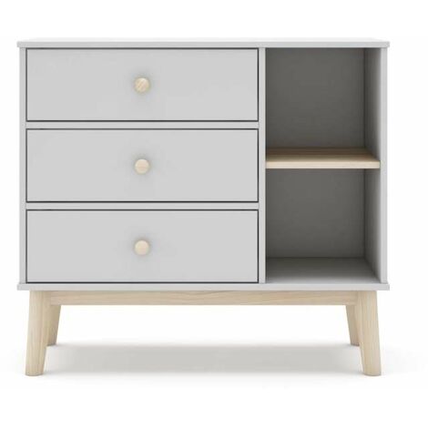 Cómoda 3 cajones 2 huecos Dylan acabado blanco/cera blanco, 81cm(alto) 90cm(ancho) 40cm(largo)