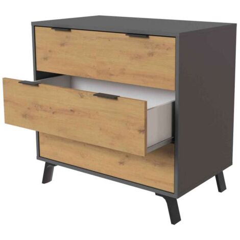 Cómoda 3 cajones Luna acabado gris parís/roble albar. 78cm(alto), 80cm(ancho), 48cm(fondo)
