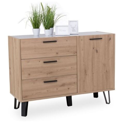 Cómoda 87 cm Roble y Gris tres cajones y una puerta con un estante roble y gris