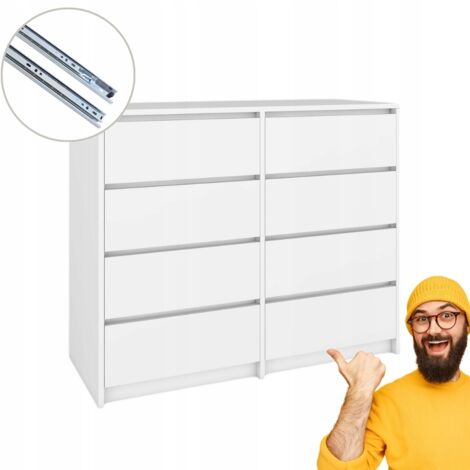 Cómoda Alaska blanca con 8 cajones - ¡Fácil montaje 120 x 98,2 x 43 cm