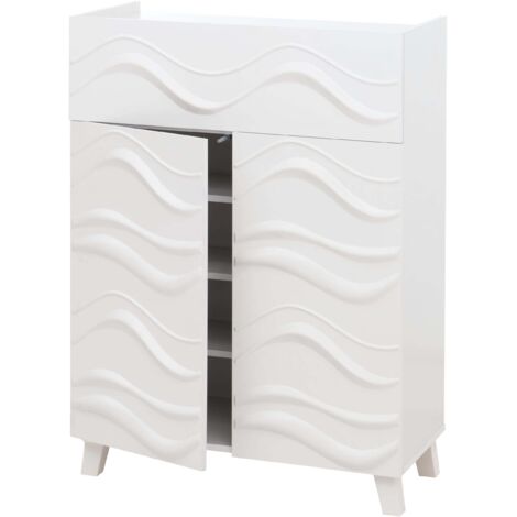 Cómoda aparador mueble de almacenaje diseño de ondas 3D puertas con sistema de apertura por empuje estantes y cajón 107 x 76 x 36 cm madera de caucho blanca 040009823