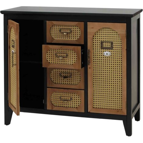 Cómoda aparador y mueble de almacenaje estilo boticario con cajones y puertas ratán estilo vintage 80 x 91 x 40 cm marco negro 040009114