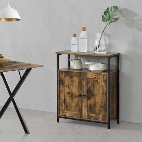 Cómoda Aremark 79 x 60 x 30 cm Tablero de Fibras/ Hierro Mesita de Noche Efecto Madera Tono Oscuro y Negro [en.casa]®.