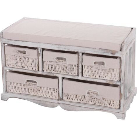 Cómoda/banco con cojín y 5 cajones mueble de almacenaje estilo vintage shabby chic 45 x 77 x 36 cm madera blanca 040011445