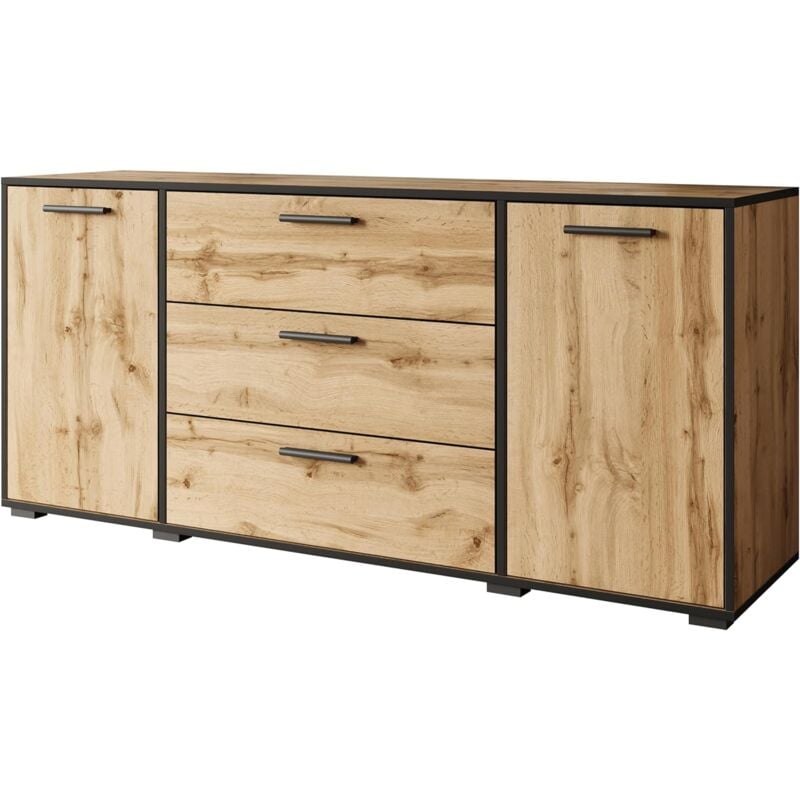 Commode 150 cm bogota, commode, buffet de salon, bahut, couleur wotan/bord noir