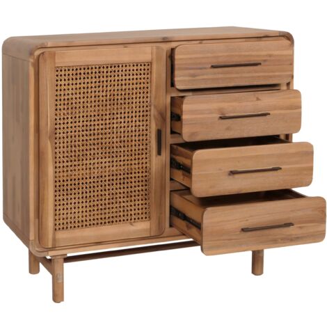 Cómoda buffet 4 cajones y 3 compartimentos de almacenamiento en ratán y madera maciza de acacia teñida 101x109x45 cm 040006522