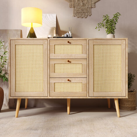 Cómoda con 2 puertas y 3 cajones, ratán roble Sonoma, balda regulable, pies de madera maciza, para salón dormitorio-120 x 82 x 40 cm (An/Al/Pr)