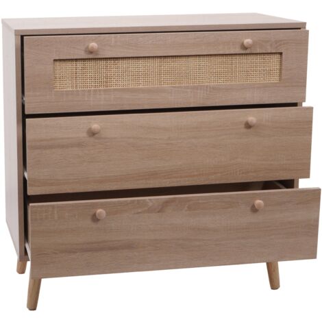 Cómoda con 3 cajones buffet en madera de ratán melaminado kubu 78x80x39 cm aspecto roble 040006540
